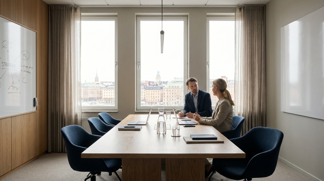 Professionellt strategimöte i elegant skandinavisk miljö för att boka nästa steg med SmidigWebb.