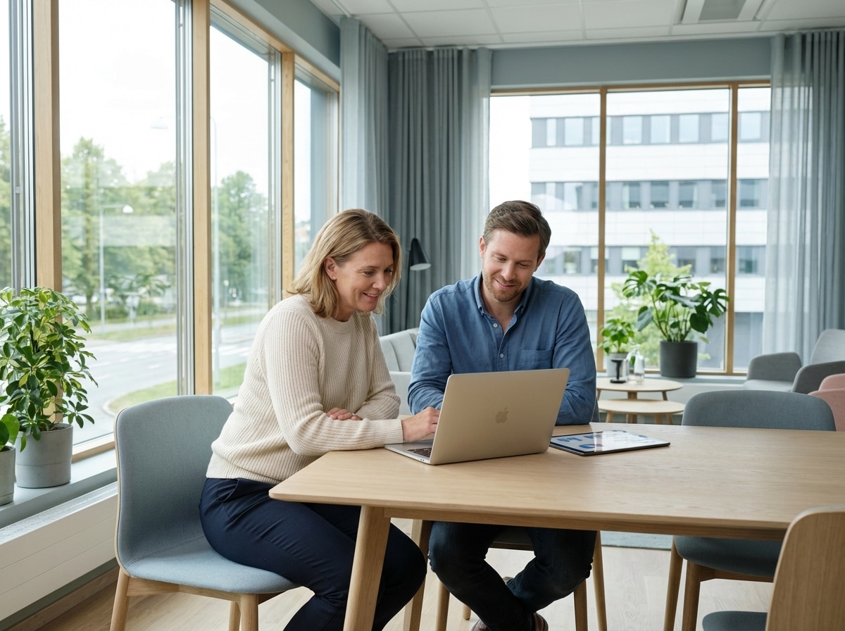 Två personer arbetar tillsammans i en modern arbetsmiljö, som symbol för svenska tjänsteföretag som vill förbättra sin digitala synlighet och konvertering.