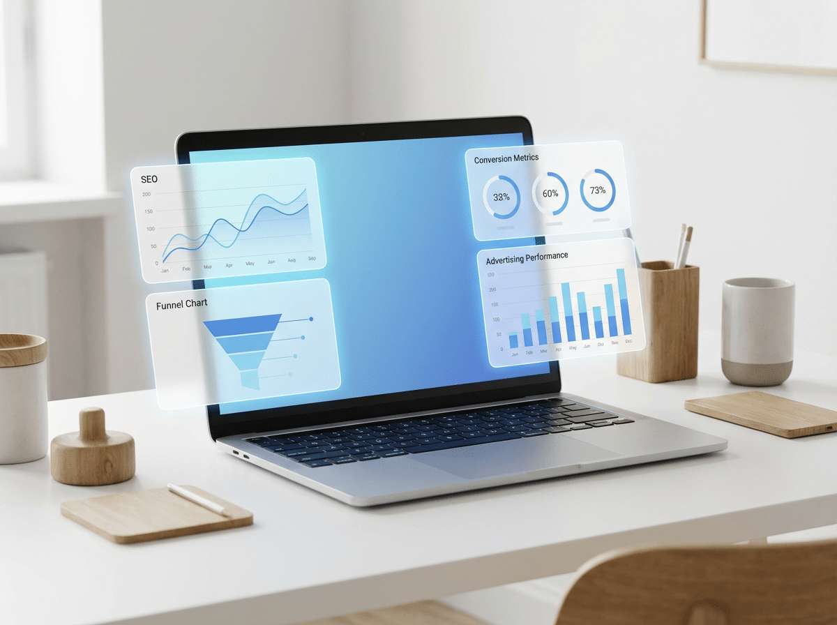 Visualisering av hur hemsida, SEO, annonsering, landningssidor och uppföljning hänger ihop i ett digitalt tillväxtsystem.