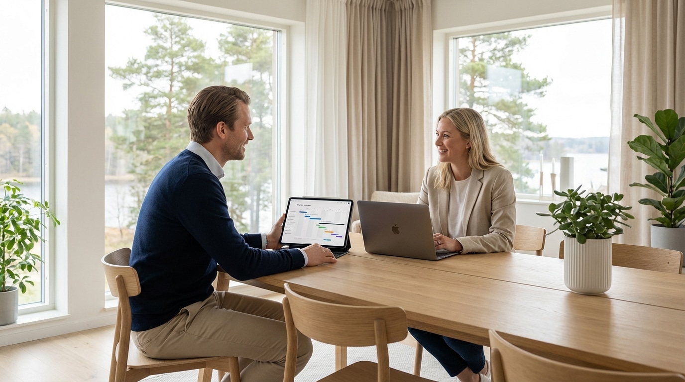 Strategiskt möte i modern nordisk miljö som visar hur SmidigWebbs process går från analys till lansering och tillväxt.