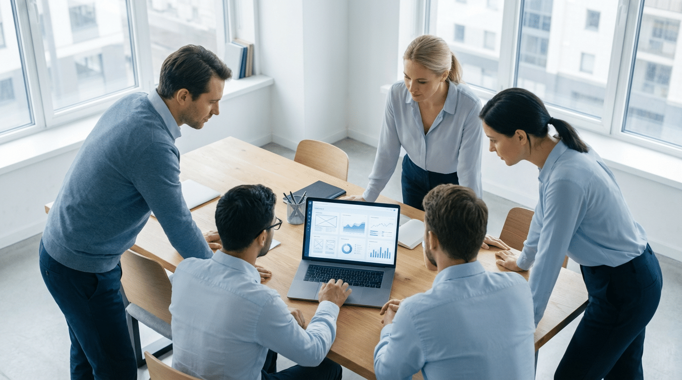 Digitalt team som arbetar med hemsidor, SEO, annonsering och leadgenerering i ett modernt skandinaviskt kontor.